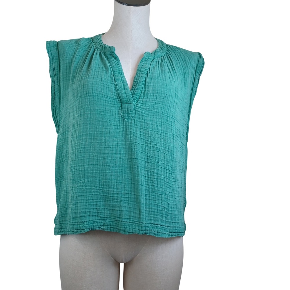 Faherty Willa Top Green Organic Cotton Double Gauze Sleeveless Blouse S